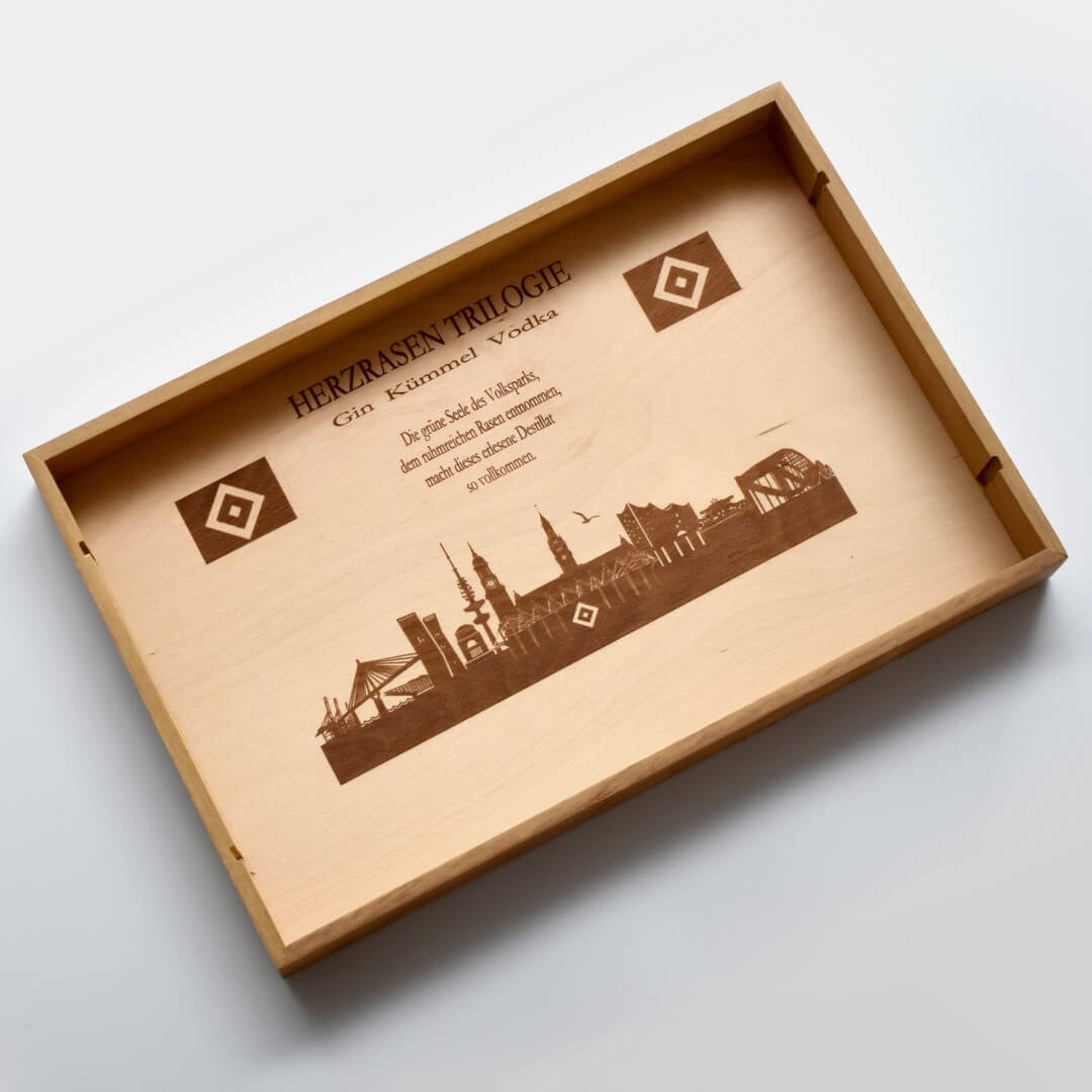 HSV Trilogie Tablett-Set – Gin, Vodka & Kümmel mit Gläsern & Untersetzern