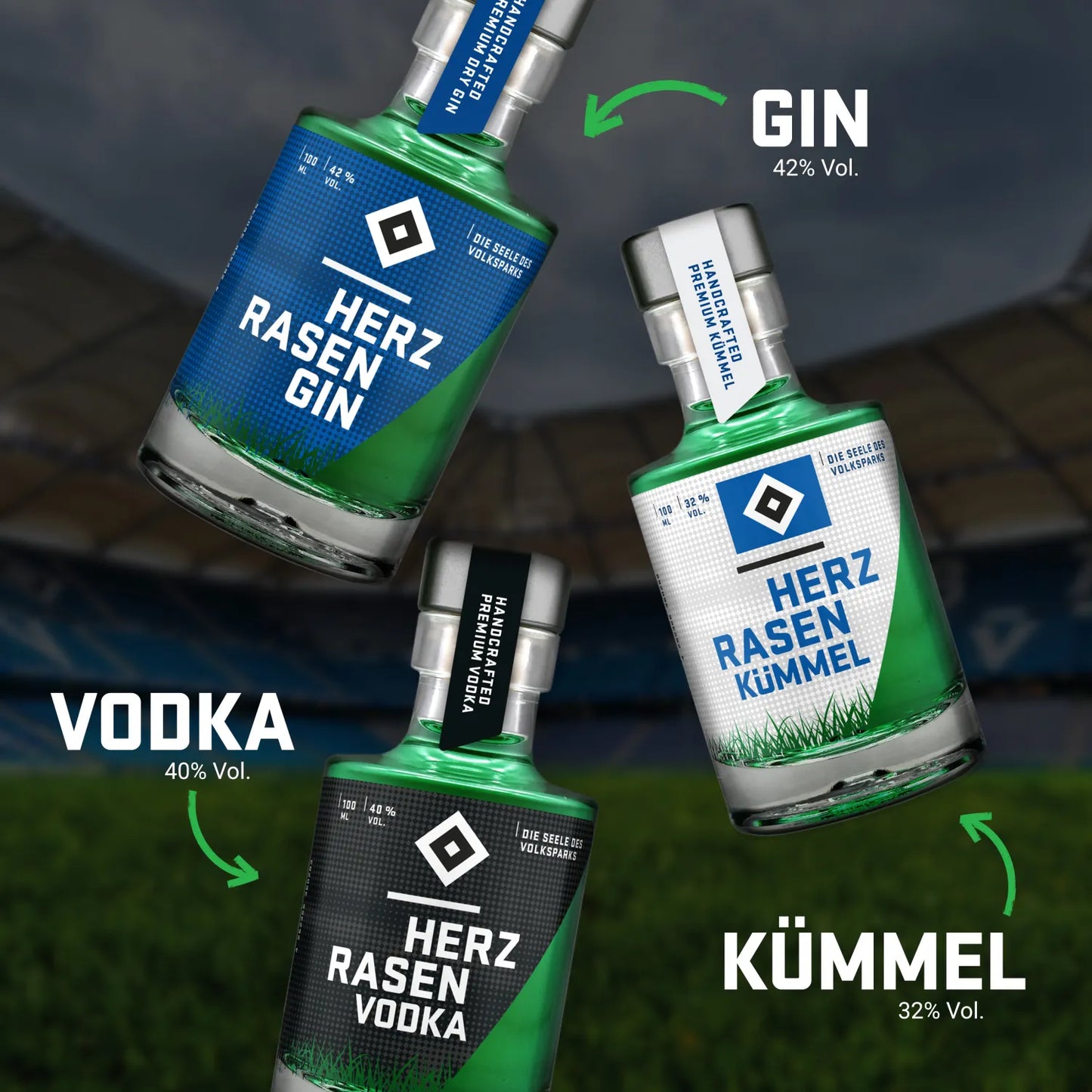 HSV Trilogie Set – 3× 0,1 l Gin, Vodka, Kümmel in Geschenkbox
