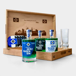 HSV Trilogie Tablett-Set – Gin, Vodka & Kümmel mit Gläsern & Untersetzern
