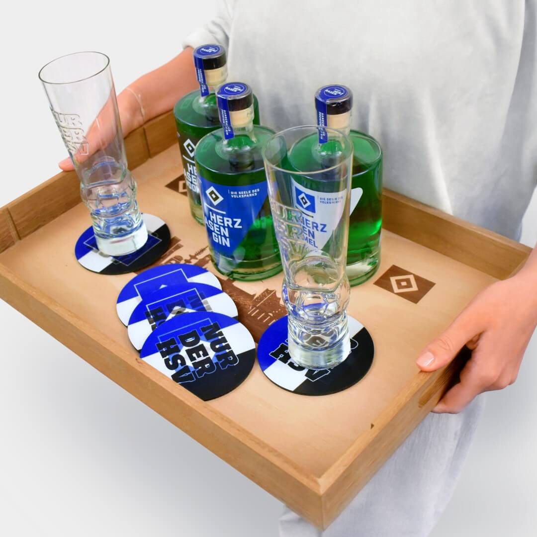 HSV Trilogie Tablett-Set – Gin, Vodka & Kümmel mit Gläsern & Untersetzern