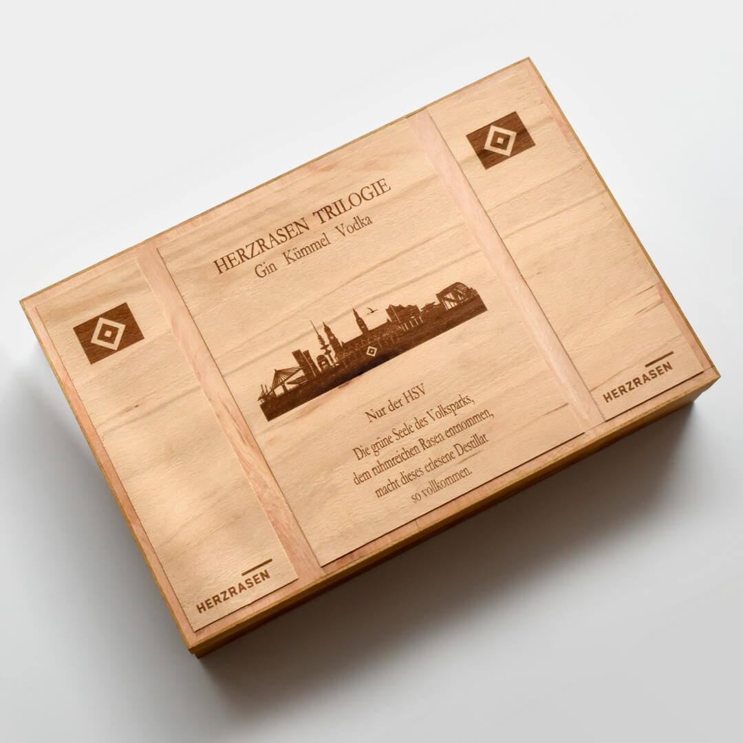 HSV Trilogie Tablett-Set – Gin, Vodka & Kümmel mit Gläsern & Untersetzern