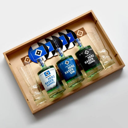 HSV Trilogie Tablett-Set – Gin, Vodka & Kümmel mit Gläsern & Untersetzern